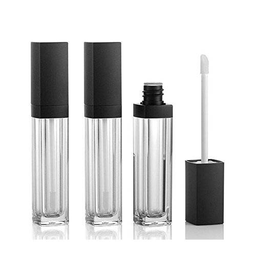3PCS 10ml Empty Square Lip Gloss Tube Plastic Clear Lipstick Lip Balm Bottle Container with Lipbrush Black Cover for Travel and Home Use