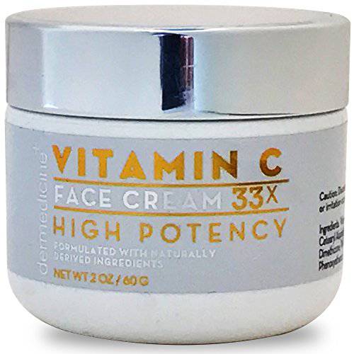 Dermedicine Natural Vitamin C High Potency Face Cream 33x High Potency w/ Squalane & Antioxidants | Professional Grade Quality Helps Smooth Appearance of Fine Lines & Wrinkles & Brightness 2 oz 60g