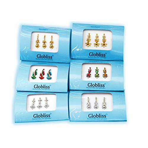 Globliss 6 Packs with 18 Long Indian Bindis face Gems Forehead Sticker Silver Golden Colorful
