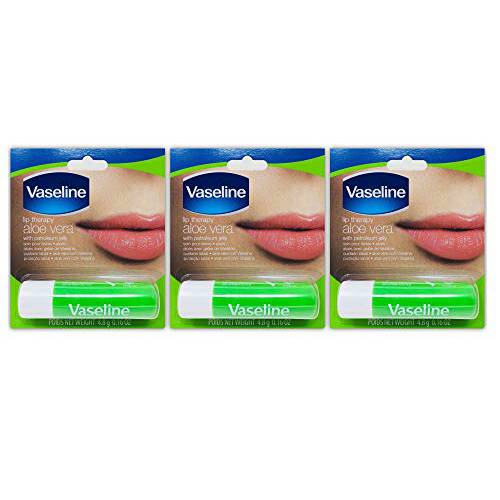 Vaseline Lip Therapy Aloe Vera | Lip Balm with Petroleum Jelly for providing your Lips with Ultimate Hydration and Essential Moisture to treat Chapped, Dry, Peeling, or Cracked Lips 0.16 Oz (3 Pack)