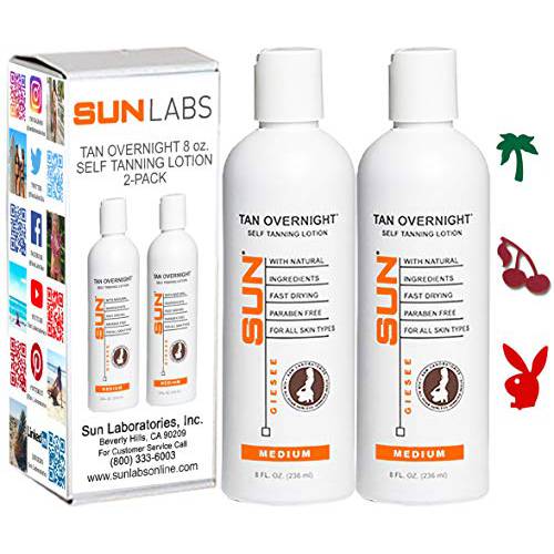 Sun Laboratories Tan Overnight Self-Tanning Lotion for Body and Face - Sunless Tan Golden Glow - Medium - 2 Pack 8 fl oz Bottles