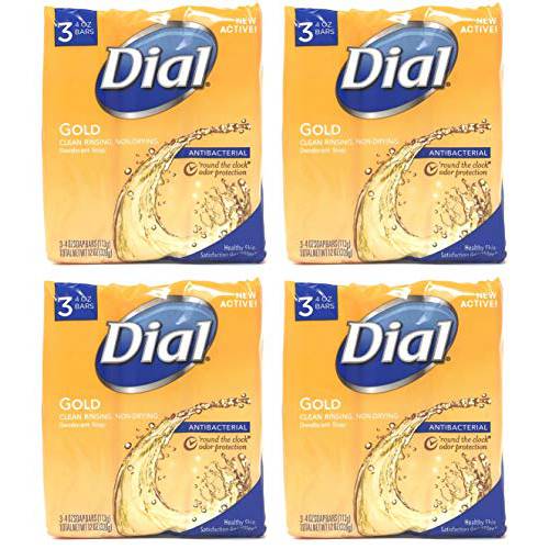 Dial Antibacterial Deodorant Soap, Gold, 4 Ounce, 3 Bars (Pack of 4)
