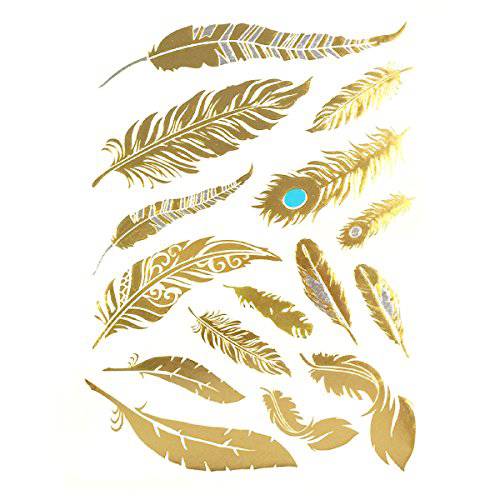 Allydrew Large Metallic Gold Silver and Black Body Art Temporary Tattoos, Phoenix Feathers