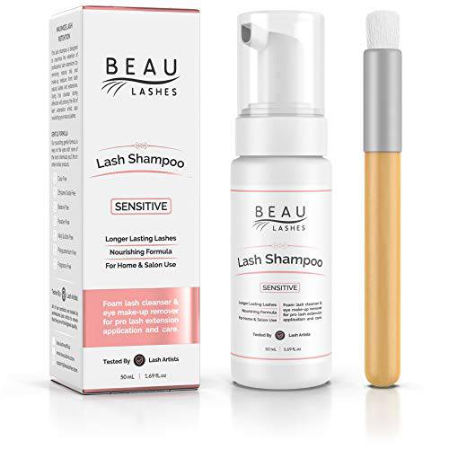 Eyelash Extension Foam Cleanser Shampoo & Brush (50ml) - Oil Free Sensitive Paraben & Sulfate Free Eyelid/Lash Foaming Wash Cleaner To Remove Makeup Residue & Mascara - Ideal For Salons And Home Care