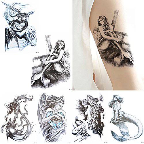 Glaryyears Angel Mermaid Temporary Tattoos for Women Girls, 6-Pack Large Sketch Fake Tattoo Stickers, Long-lasting Realistic Tattoos for Body Arm Back Leg