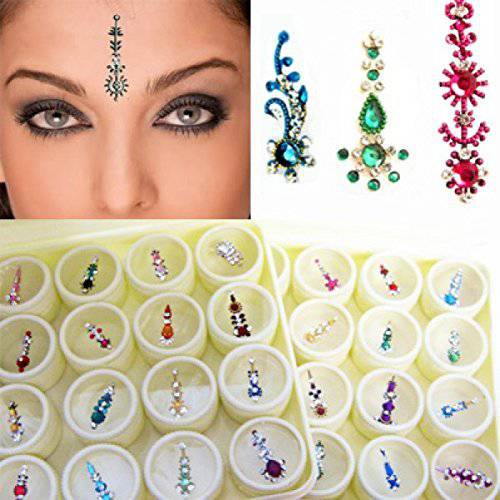 Bindi Box Long Multicolored Crystal Bindis Bridal face Jewels Forehead Tika (Pack of 12 Bindis - With Extra Stones)