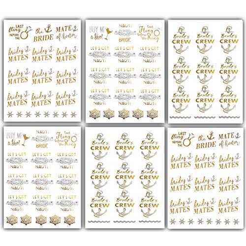 Bachelorettesy Bride to Be Gold Metallic Nautical Temporary Tattoos 100+ Bride’s Crew, Nauti Bride, Last Fling Great for Engagement & Bachelorette Party - Waterproof Nontoxic