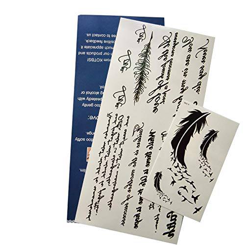 Kotbs Temporary Tattoos Paper Lovely English Words & Feather Designs Body Art Make up for Women Fake Tattoo Sticker (6 Sheet Pack)