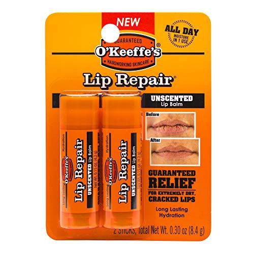 O’Keeffe’s Unscented Lip Repair Lip Balm for Dry, Cracked Lips, Stick, (Pack of 2)