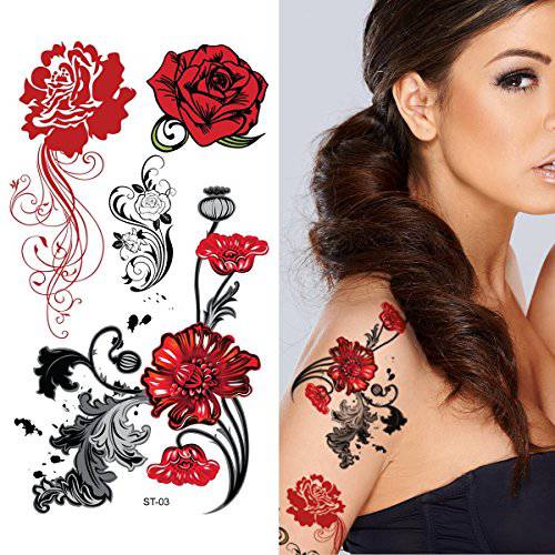 Supperb® Temporary Tattoos - European Red Roses, Vintage Red Roses Tattoos (Set of 2)