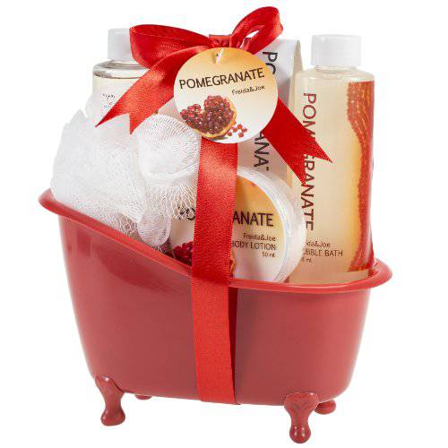 Red Pomegranate Home Spa Bath Basket - Bath & Body Set For Women - Contains Shower Gel, Bubble Bath, Body Lotion, Pomegranate Bath Salt & Pouf in Red Tub