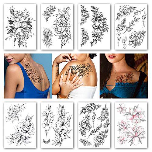 Large Flower Temporary Tattoos, Sketch Flower Blossom Peony Rose Fake Tattoo Stickers, Waterproof Black Flower Tattoos Body Art for Women Girl, 8-Sheet