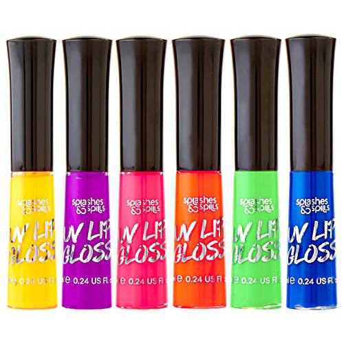 UV Glow Blacklight Lip Gloss - 6 Color Variety Pack, 3.7g - Day or Night Stage, Clubbing or Costume Makeup by Splashes & Spills
