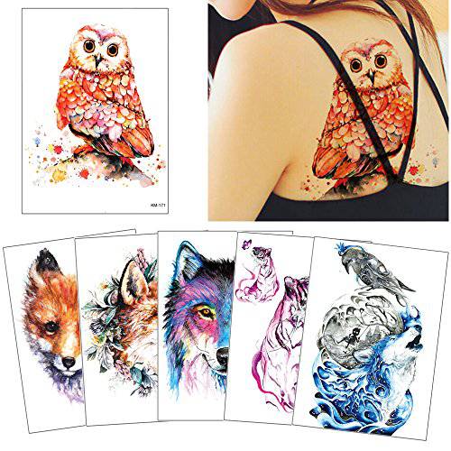 Glaryyears Animal Temporary Tattoos for Adults Women Men, 6 Pack Large Watercolor Fox Wolf Tiger Butterfly Owl Design Fake Tattoo Stickers, Body Makeup Water Transfer Art Decoration Long Lasting