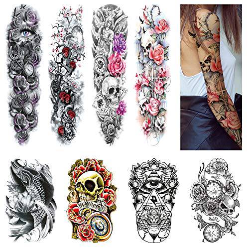 Full Arm Temporary Tattoos, Arm Tattoo Sleeves for Women Men Large Realistic Temp Tattoos Paper Black Body Stickers Removable Waterproof Tattoo Leg Forearm Back Thigh Shoulder Tattoo (8 Sheets)