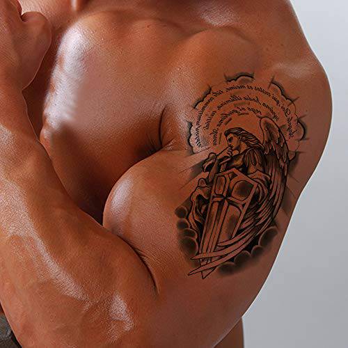 Black Large Temporary Tattoos for Men Waterproof Realistic Half Sleeve Cross Knight Warrior Fake Tattoos That Look Real and Last Long Stickers Women Body Art Removable (Pattern 1)