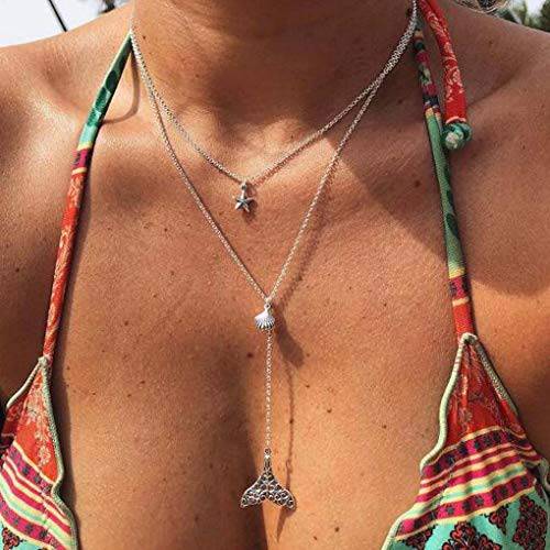 Yalice Layered Boho Long Necklace Chain Shell Y Necklaces Silver Starfish Necklace Jewelry for Women and Girls
