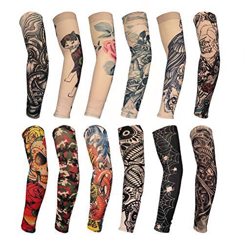 HOVEOX 12 Pcs Temporary Tattoo Sleeves Set Body Art Arm Stockings Protector Arts Fake Halloween Tattoo for Men Women