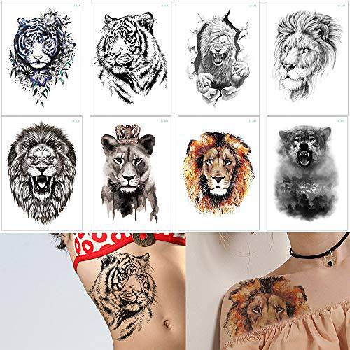 Glaryyears Tiger Lion Temporary Tattoo for Men Women Adults, 8-Pack Forest Animal Design Fake Tattoos Sticker, Water Transfer Long-lasting Realistic Tattoos for Body Arm Leg Chest Back