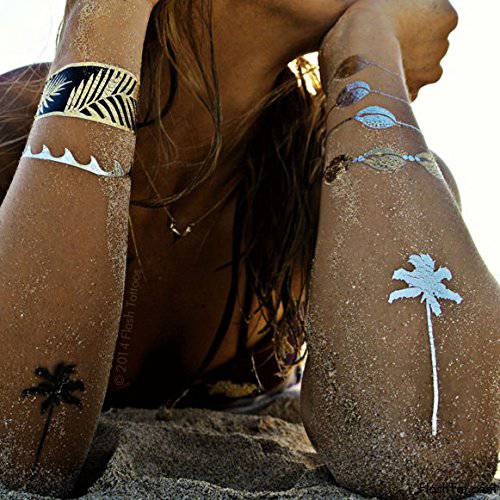 Flash Tattoos Goldfish Kiss Authentic Metallic Temporary Tattoos 3 Sheet Pack (Black/gold/silver) - Includes Over 28 Assorted Premium Tropical Waterproof Tattoos