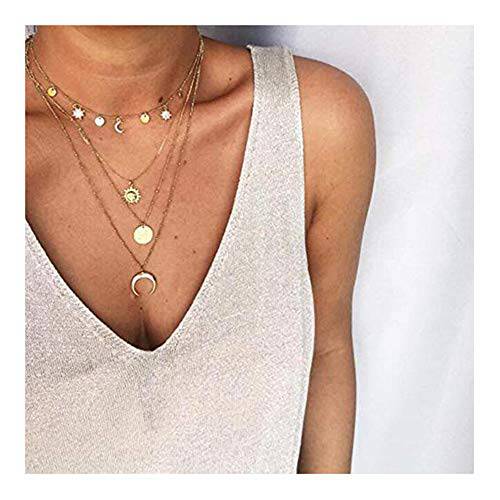 Anglacesmade Boho Layered Moon & Star Choker Necklace Coin Moon Star Sun Pendant Necklace Dainty Celestial jewelry Multilayer necklace for women and girls