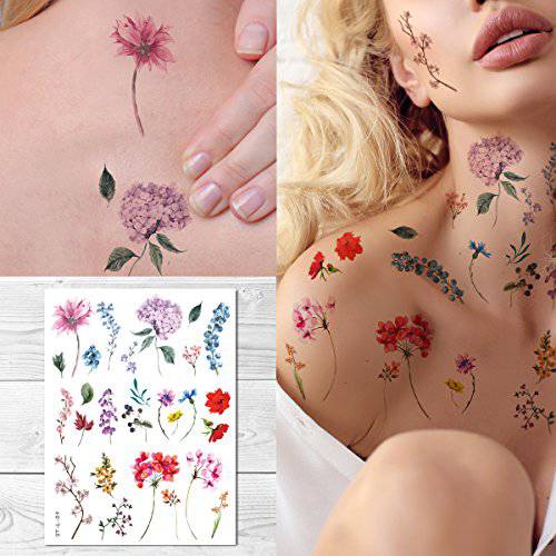 Supperb Temporary Tattoos - Watercolor Floral Temporary Tattoos, Hand Drawn Flower Tattoos Realistic Floral Wildflowers Branches Leaf Tattoo