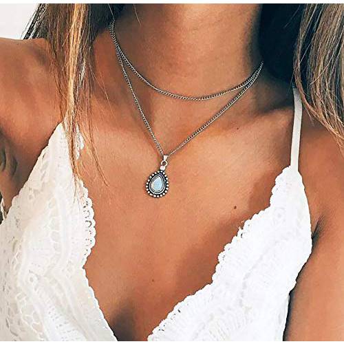 Aimimier Bohemia Layered Opal Choker Necklace Gemstone Necklace TearNecklace Opal Gem Charm Pendant Necklace Gemstone Statement Jewelry for Women and Girls