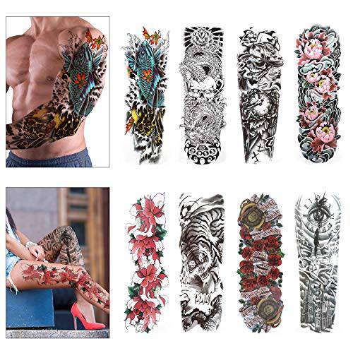 Konsait Full Arm Temporary Tattoo, 8 Sheets Extra Temporary Tattoo Transfer Black Tattoo Rose Waterproof Body Stickers for Man Women