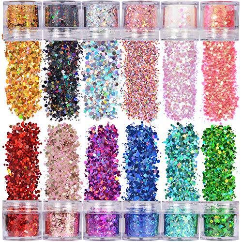 Warmfits Holographic Chunky Glitter 12 Colors Total 120g Face Body Eye Hair Nail Festival Chunky Holographic Glitter Different Size Stars and Hexagons Shaped (Set A)