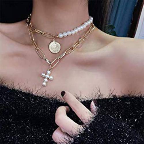 Anglacesmade Bohemia Layered Choker Necklace Pearl Cross Necklace Coin Neckalce Gold Disc Coin Pearl Cross Charm Pendant Necklace for Women and Girls