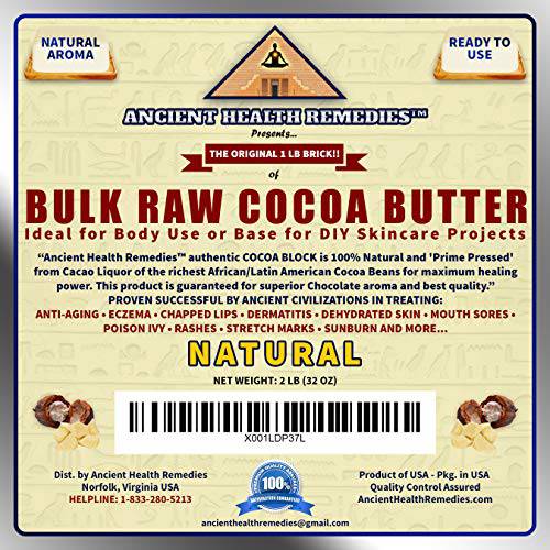 ANCIENT HEALTH REMEDIES Organic Unrefined Raw NATURAL COCOA (CACAO) BUTTER BLOCKS Bulk Size Rich Chocolate Aroma For Lip Balms Stretch Marks DIY Base for Body Butter (32 oz)