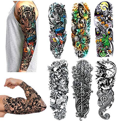 6 Sheets Large Temporary Tattoos,Tattoo Party Pack for Women&Girls&Men 6 Sheets Large Temporary Tattoos Sleeves,Grier 6 Sheets Large Fake Black Full Arm Tattoo Stickers