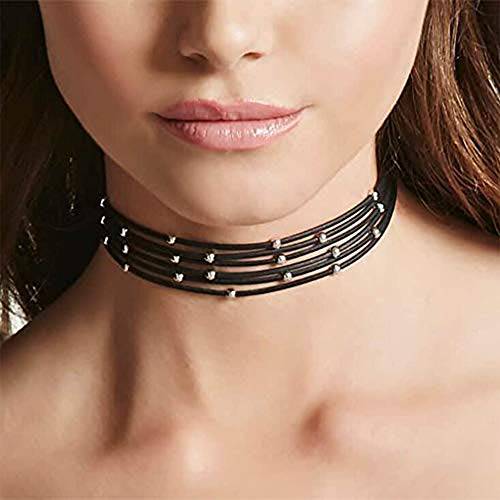 Aimimier Bohemia Layered Choker Necklace Black Leather Choker with Silver Beads Multilayer Collar Necklace for Women and Girls