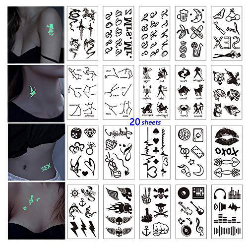 Glow in the Dark Stars Tattoo Stickers UV Blacklight Tattoos Black Constellations Music Bar Party Temporary Tattoos for Women Girls Semipermantent Chest Face Decoration