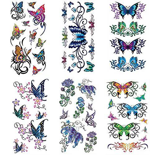 Yesallwas Temporary Flower and Butterfly Tattoos 6 Pcs,LargeTattoo Sticker Fake Tattoos for Women,Waterproof and Long Lasting Sexy Body Tattoos Lower Back, Shoulder, Neck, Arm Tattoo- Rose, Butterfly