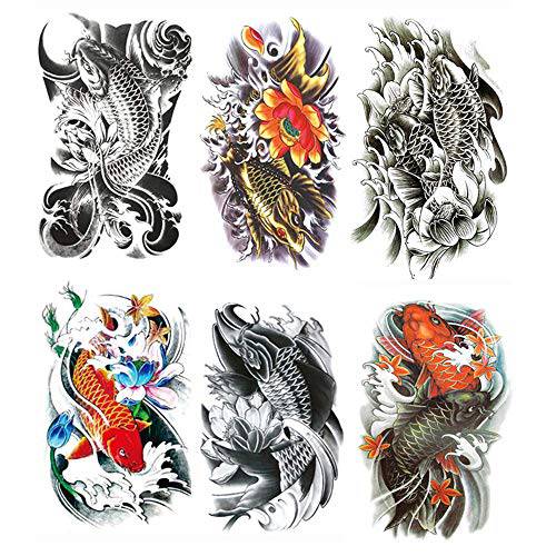 Yesallwas Temporary Tattoo for women for Men, 6 Sheets koi Fish Tattoos, Lotus, Gold carp,black fashion tattoo Body Stickers Arm Shoulder Chest & Back Make Up