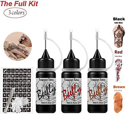 Temporary Tattoos Kit Semi Permanent Tattoo Freehand Bottle with Special Design Tattoo Stencils,Diy Fake Freckles 3 Bottles(Black/Red/Brown)