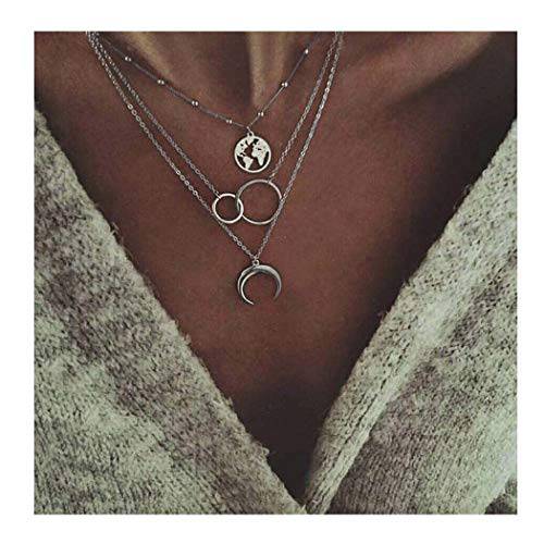 Edary Boho Layered Necklace Moon Necklaces Map Pendant Jewelry for Women and Girls.