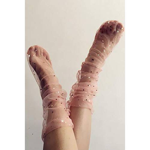 FXmimior Fashion Hand Made Star and Moon Socks Tulle Metallic Glitter Stars Stockings Women’s Starry Tulle Socks glittery stars and moons(Pink)
