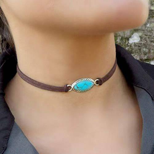 Yalice Boho Turquoise Necklace Chain Brown Leather Choker Necklaces Suede Hippie Jewelry for Women and Girls