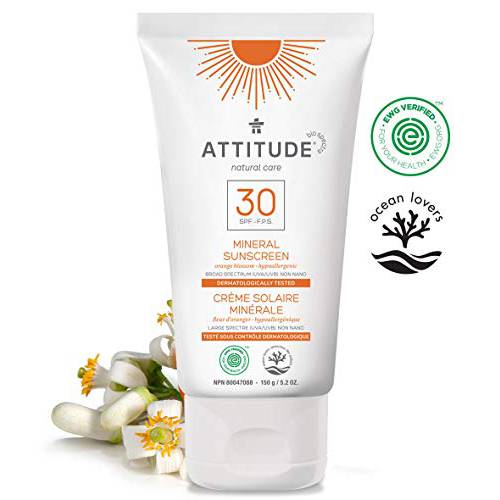 ATTITUDE Mineral Sunscreen Cream, Broad Spectrum UVA/UVB, Plant and Mineral-Based Ingredients, Vegan and Cruelty-free Sun Care Products, Body, SPF 30, Orange Blossom, 5.2 Ounces
