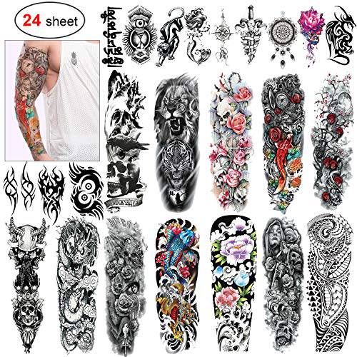 Konsait 24 Sheets Large Temporary Tattoos Full Arm and Half Arm Tattoo Sleeves Temporary Sleeve Tattoos Large Fake Body Art Arm Chest Shoulder Tattoo Black tattoo Body Stickers for Man Women