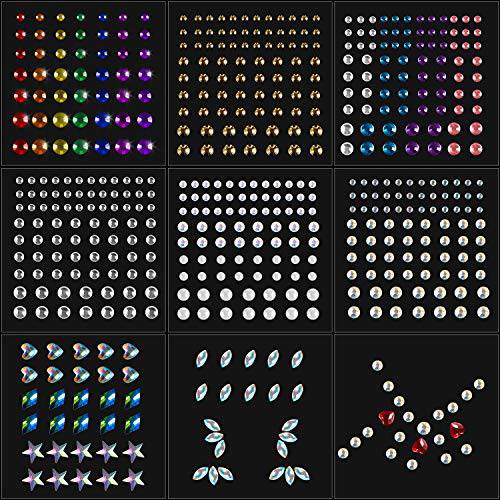 9 Sheets Eye Body Face Gems Jewels Rhinestone Stickers Self Adhesive Crystal Rainbow Makeup Diamonds Face Stick Gems for Women Festival Accessory and Nail Art Decorations (Tiny Bead)