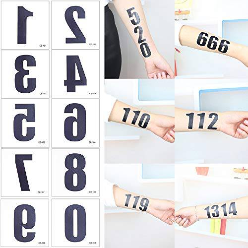 Glaryyears Arabic Numerals Digits Tattoos, 50 Pack 5 of Each Number Temporary Tattoo Sticker, on Body Neck Arm Face for Sign Mark Party Supplies Athletes Sports