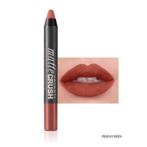VASANTI Matte Crush Lipstick Pencil - Soft, Smooth, Waterproof, Velvety, High Pigmented - Paraben-Free Cruelty-Free Lipstick - (Peachy Keen - Natural Peach)
