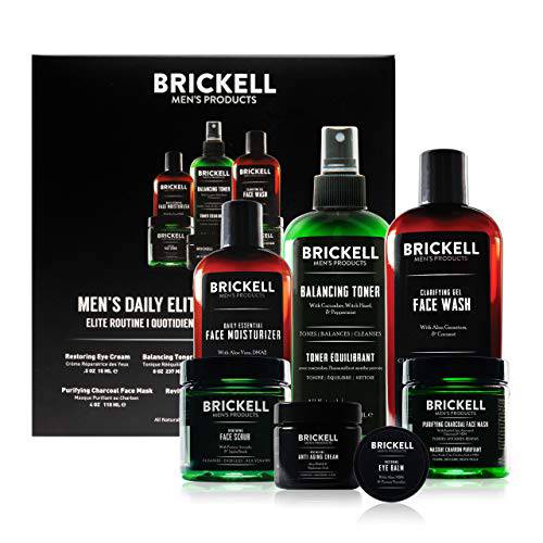 Brickell Men’s Daily Elite Face Care Routine I, Toner, Gel Facial Wash, Face Scrub, Anti-Aging Night Cream, Eye Cream, Charcoal Mask and Moisturizer, Natural and Organic, Scented