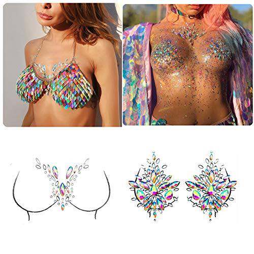 Rhinestone Body Gems Stickers, Mermaid Chest Gems and Breast Pasties Jewelry Makeup Set, Crystals Body Jewels Glitter Music EDC Decorations for Festival Rave Party Outfit, 2-Pack