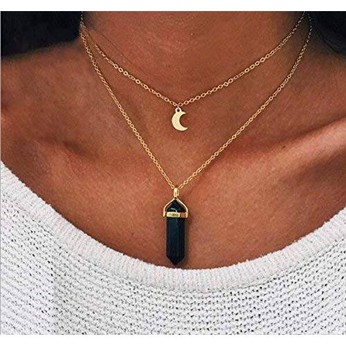 Kercisbeauty Black Crystal Necklace Gold Choker with Moon Pendant Double Layer Necklace for Women and Girls Boho Jewelry for Party(Black)