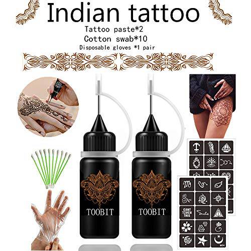 Temporary Tattoo kit Gel Tattoos - 2 Bottles Brown（1 oz）Semi Permanent Tattoo Freehand Ink Free 35 Pcs Tattoos Stencils 10 Cotton Swabs