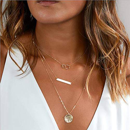 Anglacesmade Bohemia Layered Choker Necklace Bar Necklace Silver Coin Necklace Circle Disc Bar Charm Pendant Necklace Boho Jewelry for Women and Girls